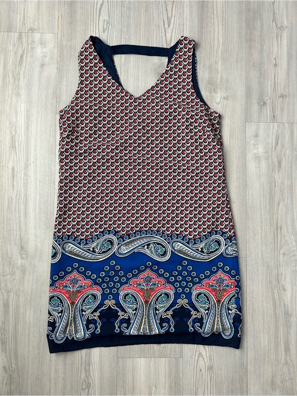 Alya Navy and Red Paisley Border Sleeveless V-Neck Mini Dress